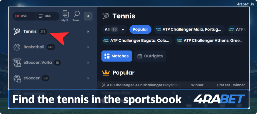 Look for the tennis section in the 4rabet sportsbook